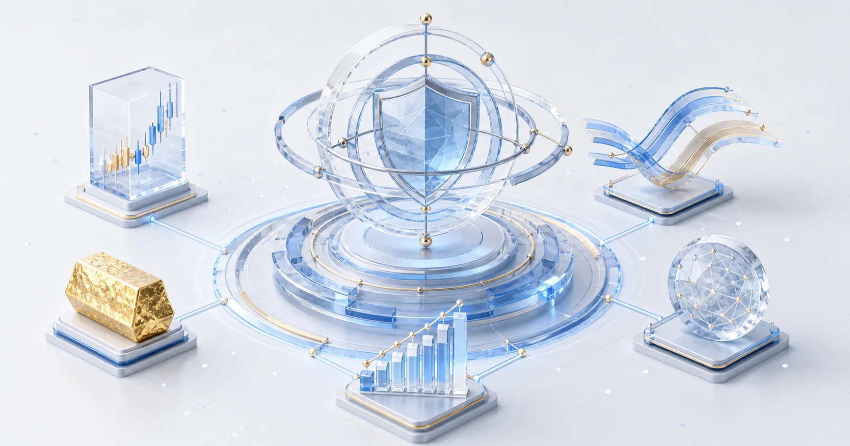 A three-dimensional portfolio-risk instrument surrounded by five abstract market objects